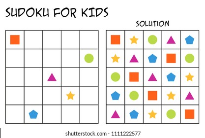 Sudoku for kids with solution, puzzle for children to complete each row or column with just one of each shapes, mental task, logical but easy challenge (version 2)