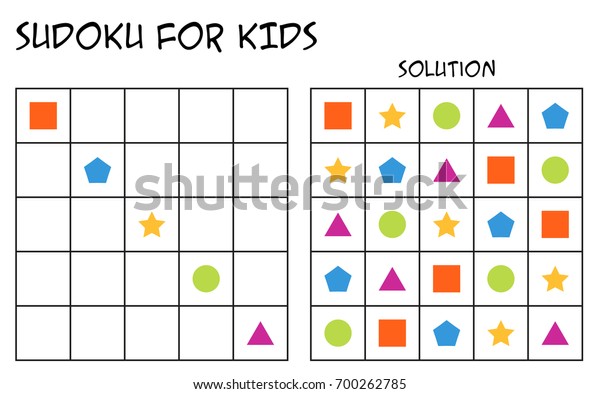 解決した子ども向けの数独 子どもが各行や列を それぞれの形の1つだけで完成させるパズル 頭の中での課題 論理的で簡単な課題 のベクター画像素材 ロイヤリティフリー
