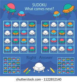 Sudoku for kids with spaces ufo. Find and paint the color of the next figure. Children worksheet with funny riddle entertainment. Sheet right answer. Vector activity page with matching game.