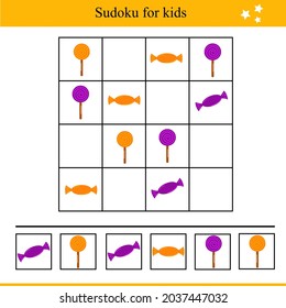 Sudoku for kids with sweets. Educational game for children. Vector illustration