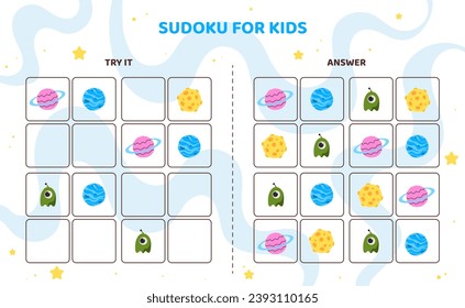 Sudoku para la plantilla de niños. Alien, planeta azul y violeta, cometa amarillo. Desarrollo de habilidades lógicas para los niños. Educación y formación para preescolares. Dibujo vectorial plano de dibujos animados