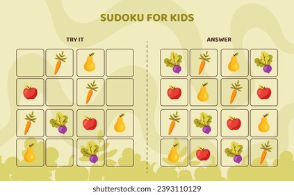 Sudoku for kids template. Carrot, pear, apple and radish. Harvest and crop. Development of logical skills for children. Education and training for preschoolers. Cartoon flat vector illustration