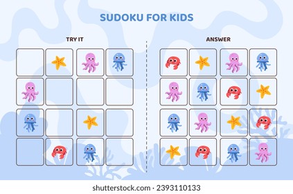 Sudoku for kids template. Nautical star, violet and blue octopus and crab. Development of logical skills for children. Education and training for preschoolers. Cartoon flat vector illustration