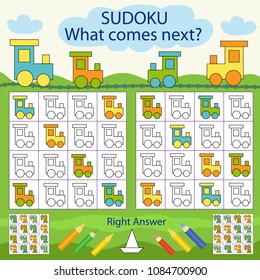 Sudoku for kids with train. Find and paint the color of the next figure. Children worksheet with funny riddle entertainment. Sheet right answer. Vector activity page with game.