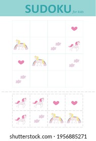 Sudoku for kids  with unicorns. Children's puzzles. Educational game for children.