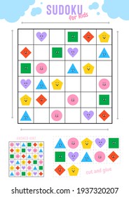 Sudoku for kids with various cute geometric figures with face emotions. Different cartoon basic figures, colorful vector shapes, trendy illustration for children education.