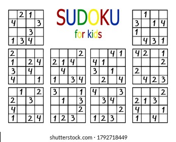 Sudoku for kids vector set. Ten simple sudoku puzzles four by four for children. Logical number japanese game printable horizontal worksheet. Educational math riddle easy level for beginners.