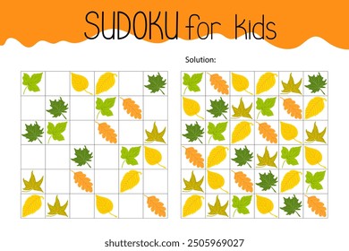 Sudoku leaves educational game, leisure activity worksheet illustration, printable grid to fill in missing images, autumn seasonal topical vocabulary, puzzle with solution, teacher resources