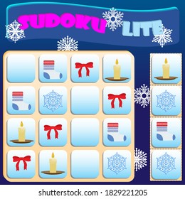 Sudoku lite with colorful Christmas symbols. Game for preschool kids, training logic