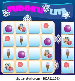Sudoku lite with colorful Christmas symbols. Game for preschool kids, training logic