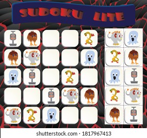 Sudoku lite with colorful monsters images. Game for preschool kids, training logic