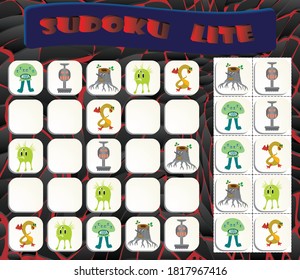 Sudoku lite with colorful monsters images. Game for preschool kids, training logic