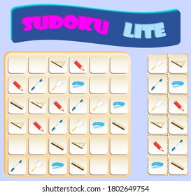 Sudoku lite with school supplies. Game for preschool kids, training logic