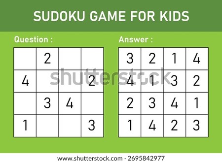 Sudoku logic game table on green background. easy sudoku puzzle for kids with answers. puzzle with solution. brain training math game for kids