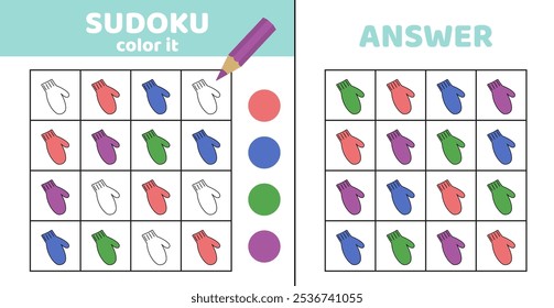 Sudoku. Mitten. Coloring sudoku with warm mitten. Game for children. Cartoon, vector, eps 10