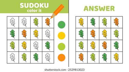 Sudoku with oak leaves. Coloring sudoku with oak leaves. Game for children. Cartoon, vector, eps 10
