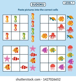 Sudoku with pictures is education game for the development of logical thinking of children. Difficulty level 1. Sea fishes theme. Paste pictures into the correct cells. Vector illustration
