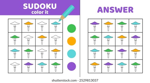 Sudoku with poisonous toadstools. Coloring sudoku with mushrooms. Game for children. Cartoon, vector, eps 10
