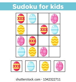 Sudoku for preschool kids. Educational game. Easter vector eggs. Spring theme.