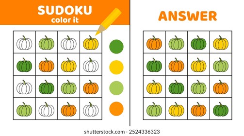 Sudoku com abóboras. Colorir sudoku com abóboras. Jogo para crianças. Cartoon, vetor, eps 10