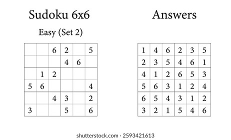 Sudoku Puzzle 6x6 Easy Set 2 with Answers, Fun Brain Training Game for Kids, Teens and Adults, Vector