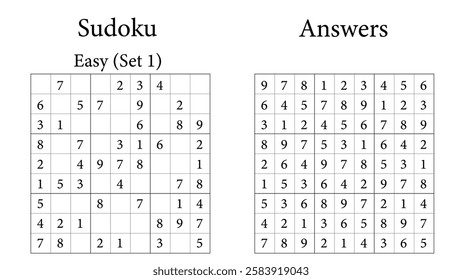 Sudoku Puzzle 9x9 Set 1 Easy with Answers, Fun Brain-Training Game for Kids, Teens and Adults, Vector