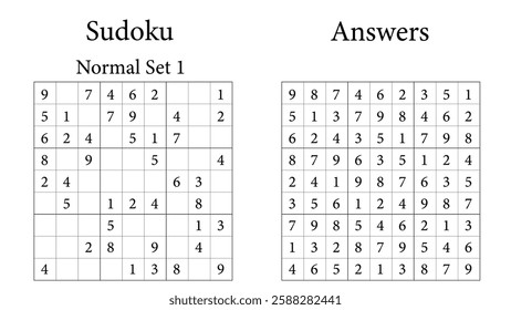 Sudoku Puzzle 9x9 Set 1 Normal with Answers, Fun Brain Training Game for Kids, Teens and Adults, Vector	