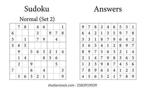 Sudoku Puzzle 9x9 Set 2 Normal with Answers, Fun Brain-Training Game for Kids, Teens and Adults, Vector