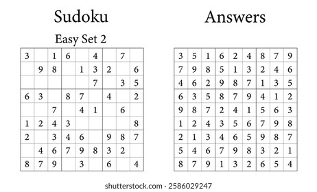 Sudoku Puzzle 9x9 Set 2 Very Easy with Answers, Fun Brain-Training Game for Kids, Teens and Adults, Vector	