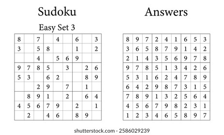 Sudoku Puzzle 9x9 Set 3 Very Easy with Answers, Fun Brain-Training Game for Kids, Teens and Adults, Vector	