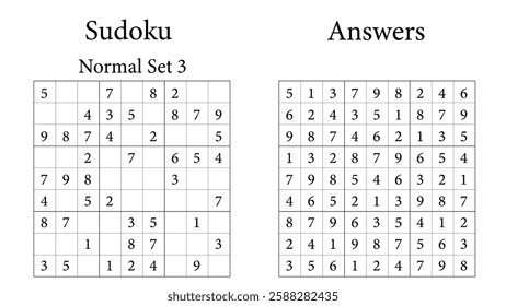 Sudoku Puzzle 9x9 Set 3 Normal with Answers, Fun Brain Training Game for Kids, Teens and Adults, Vector	