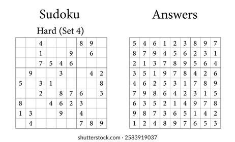 Sudoku Puzzle 9x9 Set 4 Hard with Answers, Fun Brain-Training Game for Kids, Teens and Adults, Vector