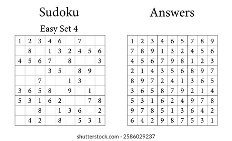 Sudoku Puzzle 9x9 Set 4 Very Easy with Answers, Fun Brain-Training Game for Kids, Teens and Adults, Vector	