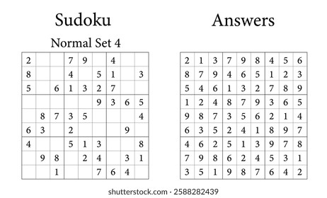 Sudoku Puzzle 9x9 Set 4 Normal with Answers, Fun Brain Training Game for Kids, Teens and Adults, Vector	