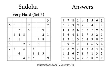 Sudoku Puzzle 9x9 Set 5 Very Hard with Answers, Fun Brain-Training Game for Kids, Teens and Adults, Vector