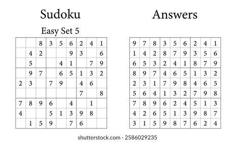 Sudoku Puzzle 9x9 Set 5 Very Easy with Answers, Fun Brain-Training Game for Kids, Teens and Adults, Vector	