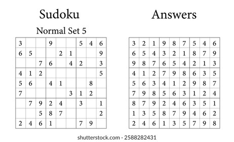 Sudoku Puzzle 9x9 Set 5 Normal with Answers, Fun Brain Training Game for Kids, Teens and Adults, Vector	