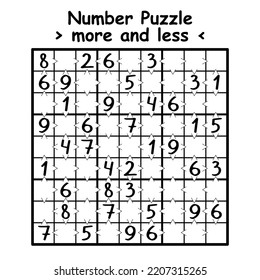 Sudoku puzzle black and white vector illustration. Simple unusual sudoku game with more and less math symbols. Funny simple sudoku for beginners