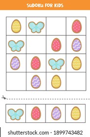 Sudoku puzzle with cute cartoon Easter cookies. Logical game for kids.