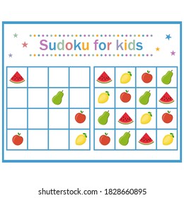 Sudoku puzzle game with fruits and berries for children's development, color vector illustration in flat style, education, entertainment, design, decoration