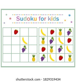 Sudoku puzzle game with fruits and berries for children's development, color vector illustration in flat style, education, entertainment, design, decoration