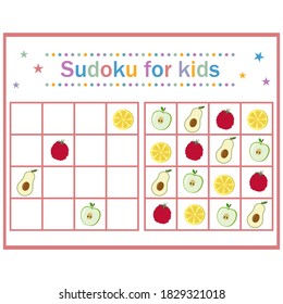 Sudoku puzzle game with fruits and berries for children's development, color vector illustration in flat style, education, entertainment, design, decoration