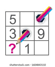
Sudoku Puzzle grid and Crazy Pencil.
Colorful Pencil ripped paper with sudoku. Vector available.