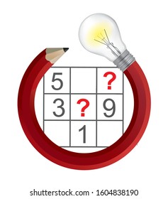 
Sudoku Puzzle grid and creative Pencil with bulb.
Illustration of Pencil in circle shape with lightbulb and sudoku. Vector available.