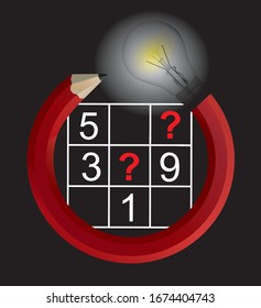 Sudoku Puzzle grid and creative Pencil with bulb. 
Illustration of Pencil in circle shape with lightbulb and sudoku on black background. Vector available.