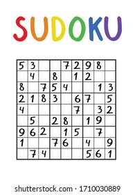 Sudoku puzzle for kids and adults. Nine by nine sudoku stock vector illustration. Newspaper vertical printable logical number game for education. One of a series.