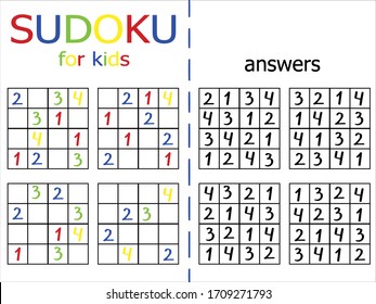 Sudoku Puzzle für Kinder Stock-Vektorillustration Illustration. Einfache Vier-mal-vier Sudoku-Spiel für Anfänger mit Antworten. Logisches Zahlenspiel für Spaß zu Hause pädagogische Zeit. Eine von einer Serie.