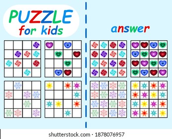 Sudoku puzzle for kids stock vector illustration. Funny childish sudoku set for winter holidays home pastime. Logical puzzle with answer horizontal printable page. Winter sudoku game without numbers