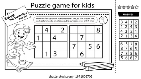 Sudoku puzzle. Logic puzzle for kids. Education game for children. Boy on skateboard. Coloring Page. Worksheet vector design for schoolers.