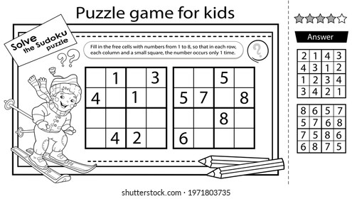 Sudoku puzzle. Logic puzzle for kids. Education game for children. Boy skiing. Coloring Page. Worksheet vector design for schoolers.